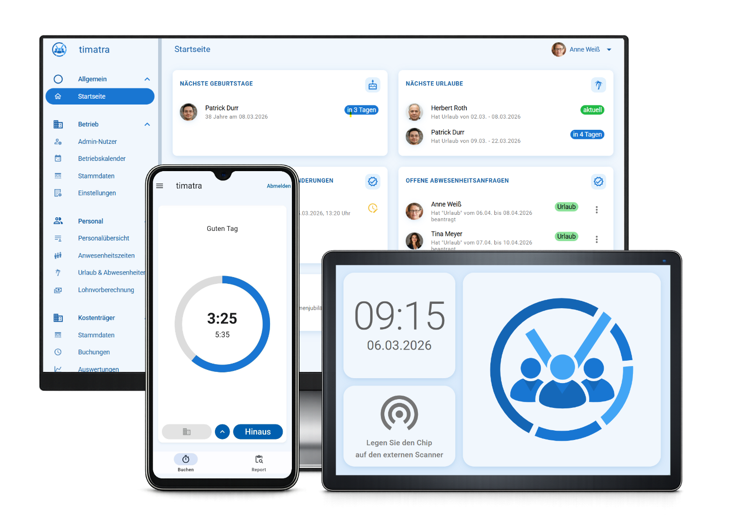 timatra Zeiterfassung für KMU per App, Terminal und Web